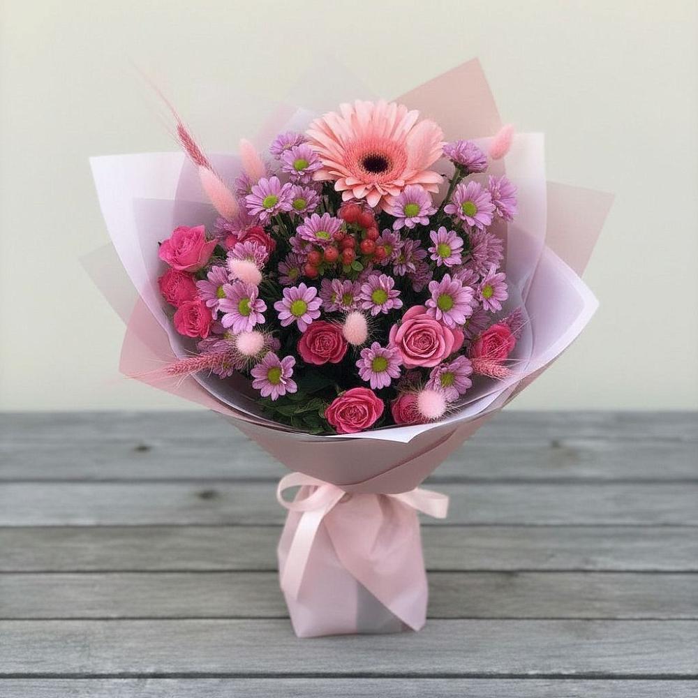 Букет цветов из: Розы, Герберы и Хризантемы в Рождествено