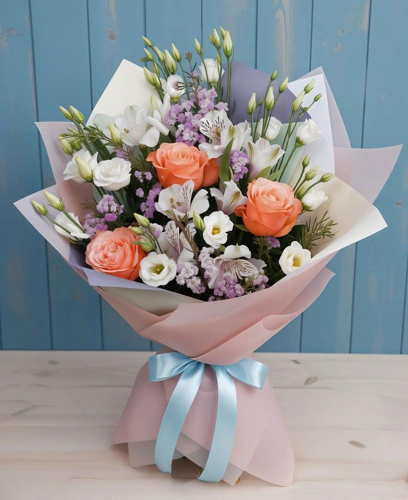 Букет цветов из: Лизиантусы, Розы, Альстромерии и Гипсофила в Рождествено