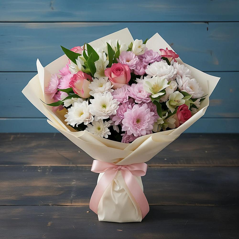 Букет цветов из: Хризантемы, Альстромерии и Розы в Рождествено